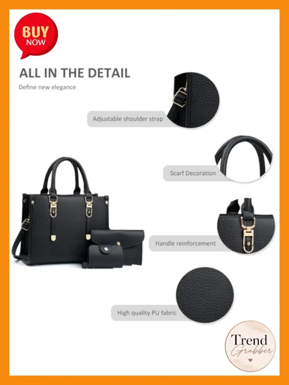 3-Piece PU Leather Top-Handle Handbag Set with Clutch & Shoulder Bags Tote